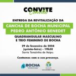 Nesta quinta-feira, 29, a partir das 19h30, a Administração Municipal realiza a entrega da revitalização da Cancha de Bocha Municipal Pedro Antônio Be