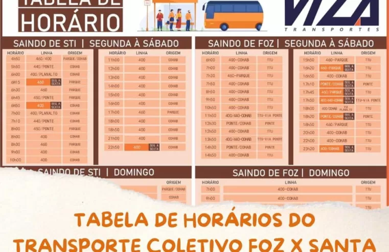 Viza Transportes: Tabela de Horários D0 Transporte Coletivo Foz X Santa Terezinha de Itaipu