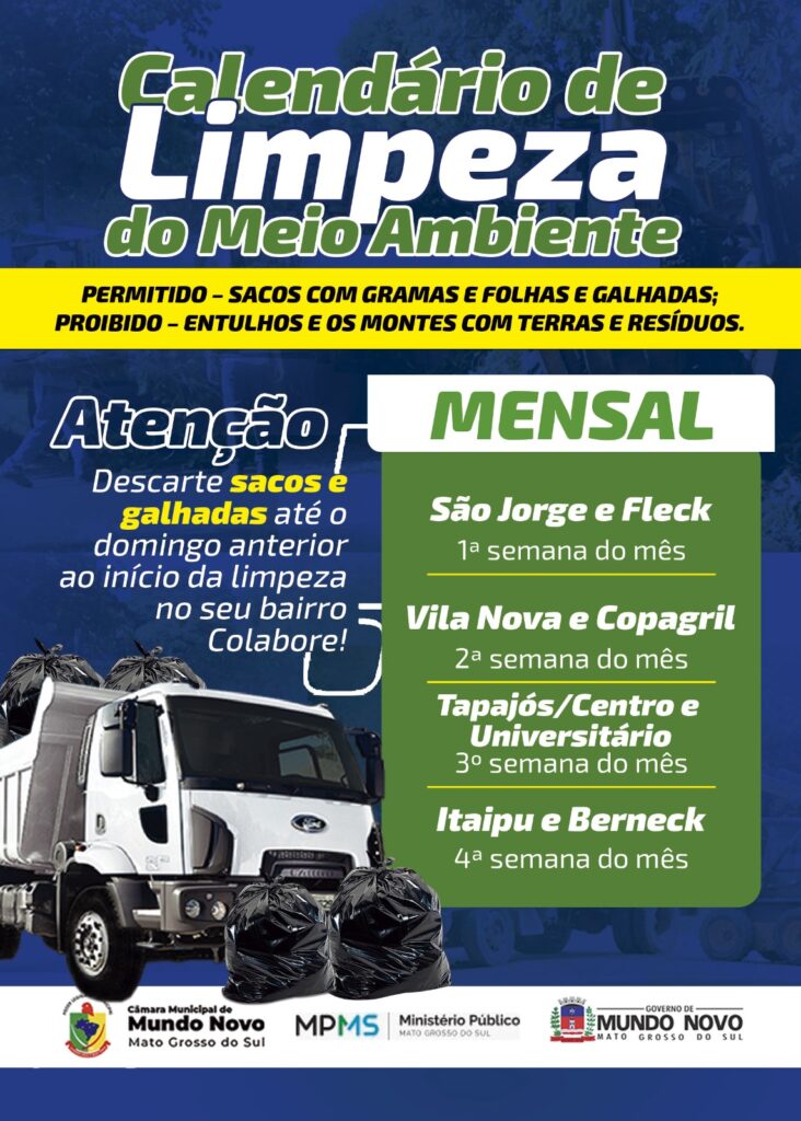 Frente de Limpeza Geral em Mundo Novo está no Itaipu e Berneck
#Semcos
Descartar entulhos está proibido; a partir de segunda volta somente Limpeza do