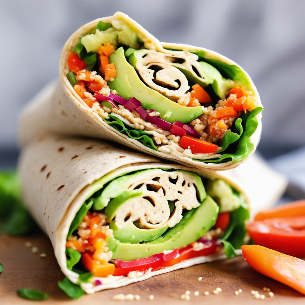 Wrap Vegano de Abacate: Sabor Fresco e Nutritivo – Abacate Amassado, Legumes Grelhados, Folhas Verdes e Molho de Tahine em uma Deliciosa Tortilha! ??