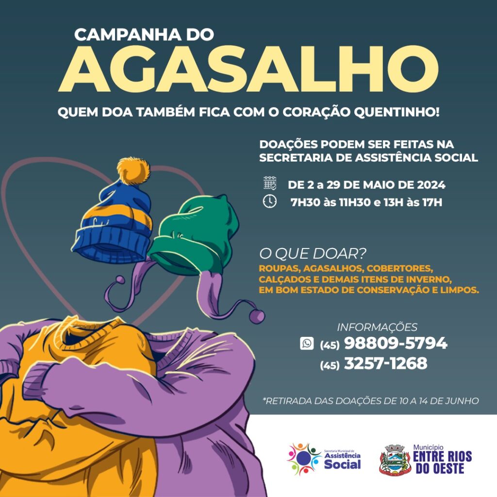 ENTRE RIOS DO OESTE REALIZA CAMPANHA DO AGASALHO

A Campanha do Agasalho de 2024 terá início dia 02 de maio e se estenderá até o dia 29 de maio. Pode