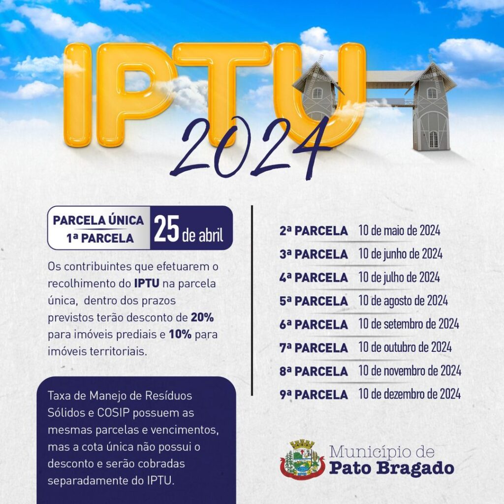 Encerra na quinta-feira (25), o período para pagamento da parcela única ou primeira parcela do IPTU 2024. 

Desconto de 20% no pagamento à vista para