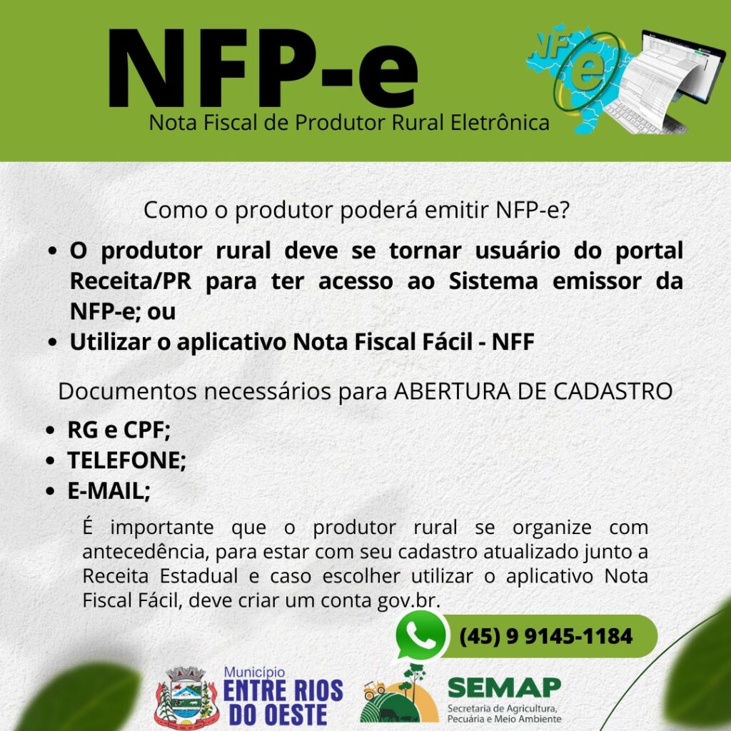 ATENÇÃO PRODUTORES PARA A OBRIGATORIEDADE DA NOTA FISCAL DE PRODUTOR RURAL ELETRÔNICA A PARTIR DE 1º DE MAIO DE 2024

A Prefeitura Municipal de Entre
