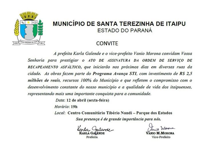 🌟 Assinatura da Ordem de Serviço em Santa Terezinha de Itaipu: Avança STI!