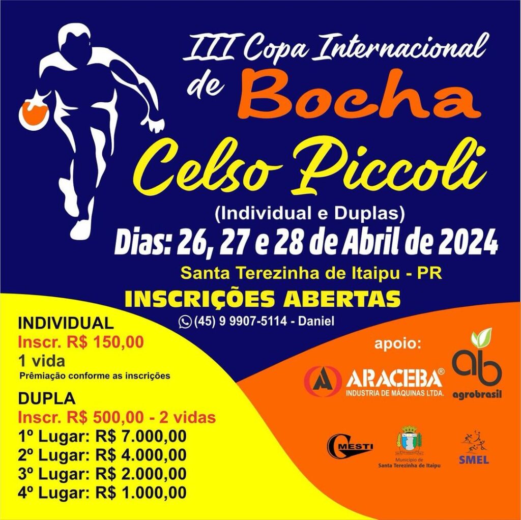 Inscrições abertas!!!

Para dar início às festividades de comemoração dos 42 anos de Santa Terezinha de Itaipu, a Secretaria de Esportes e Lazer promo