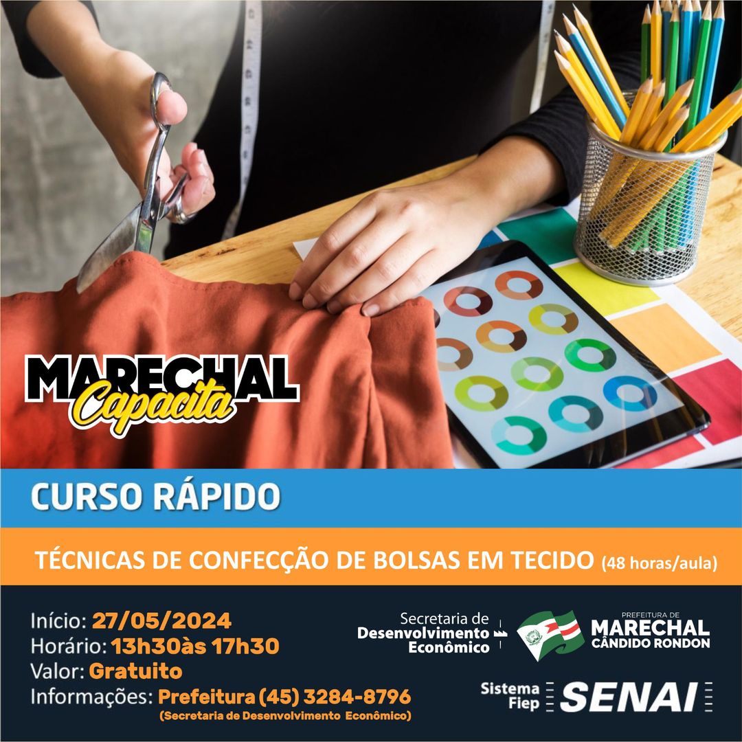 Prefeitura de Marechal Rondon oferece curso gratuito de confecção de bolsas em parceria com SENAI 🎒🧵