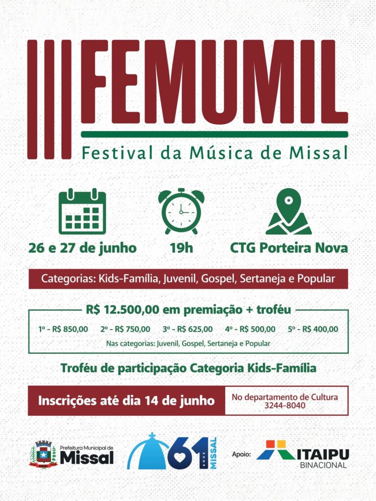 Inscrições Abertas para o III Femumil

O Departamento de Cultura de Missal informa que as inscrições para a 3ª edição do Festival da Música de Missal