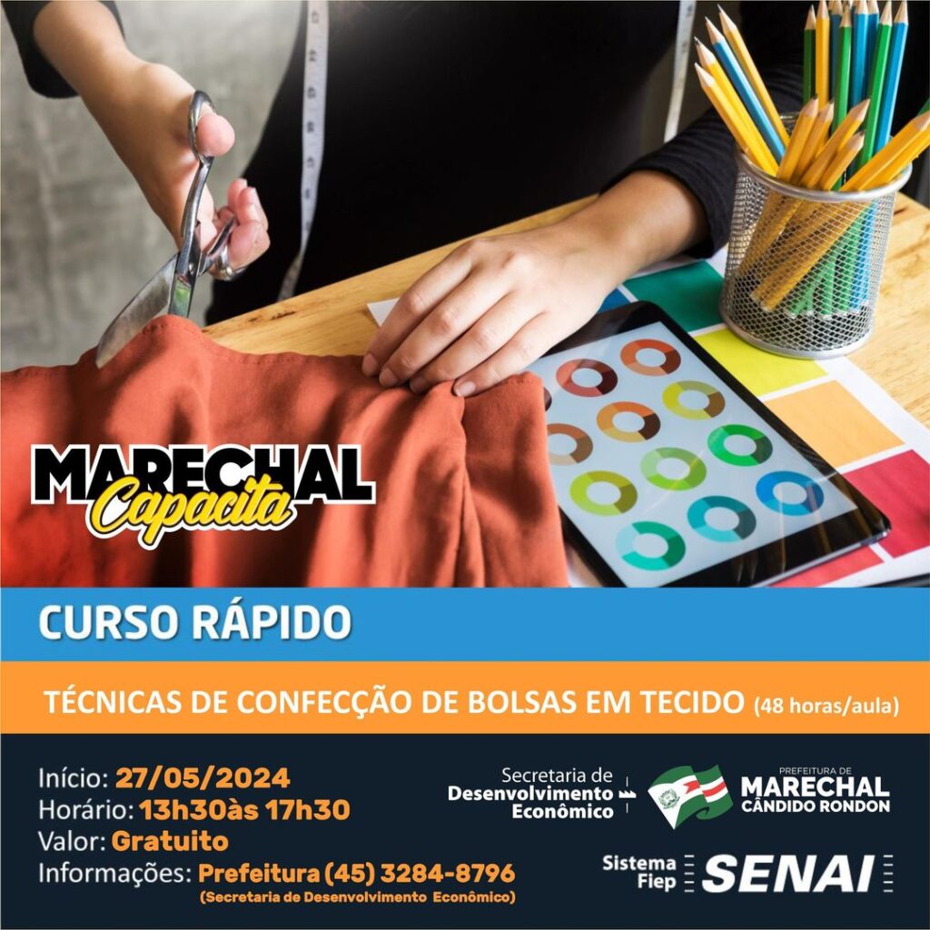 Ainda restam vagas para o curso de confecção de bolsas em tecido

Capacitação é gratuita e iniciará na segunda-feira, dia 27

Ainda restam vagas para