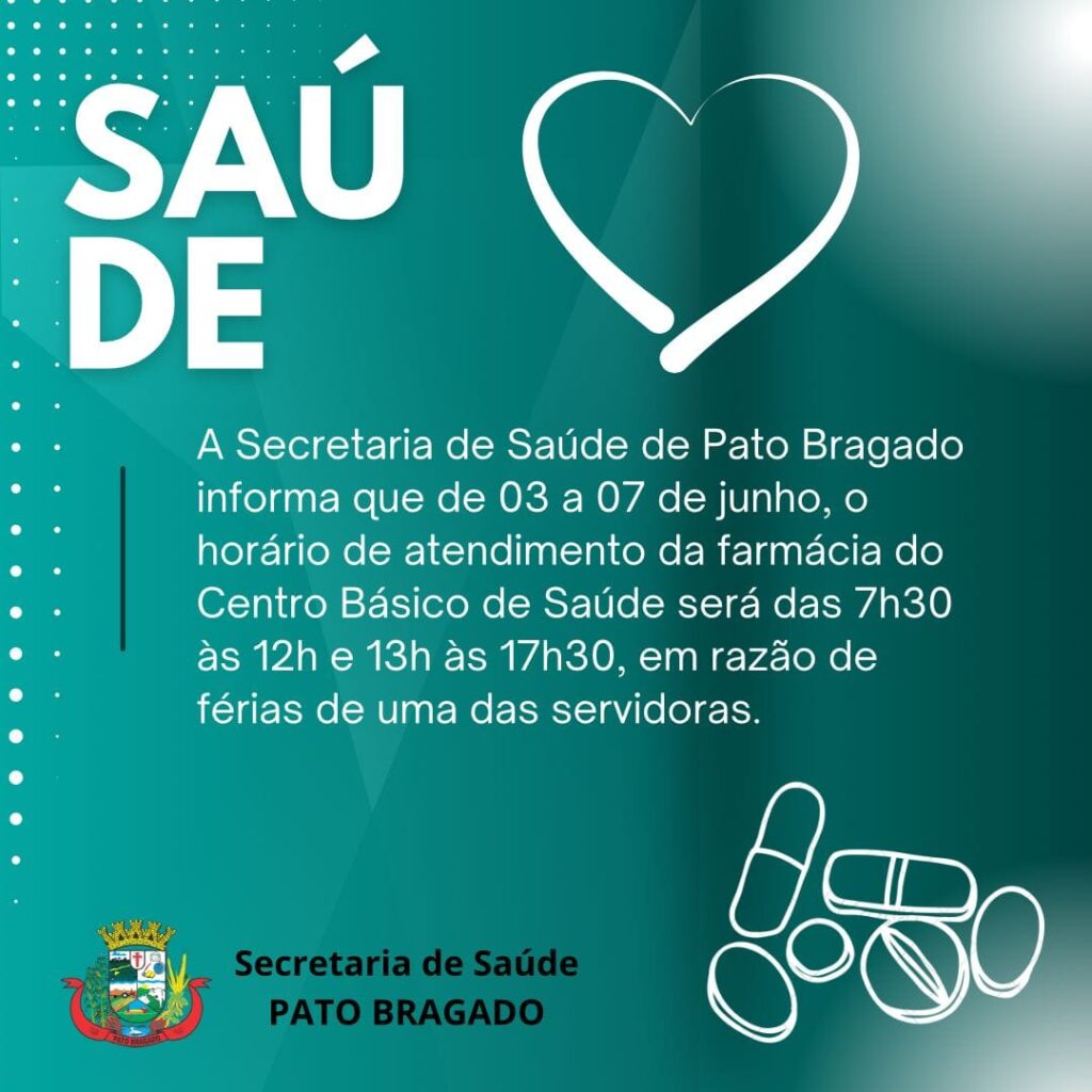 Atenção para o horário diferenciado de atendimento da farmácia básica, entre os  dias 03 a 07 de junho.