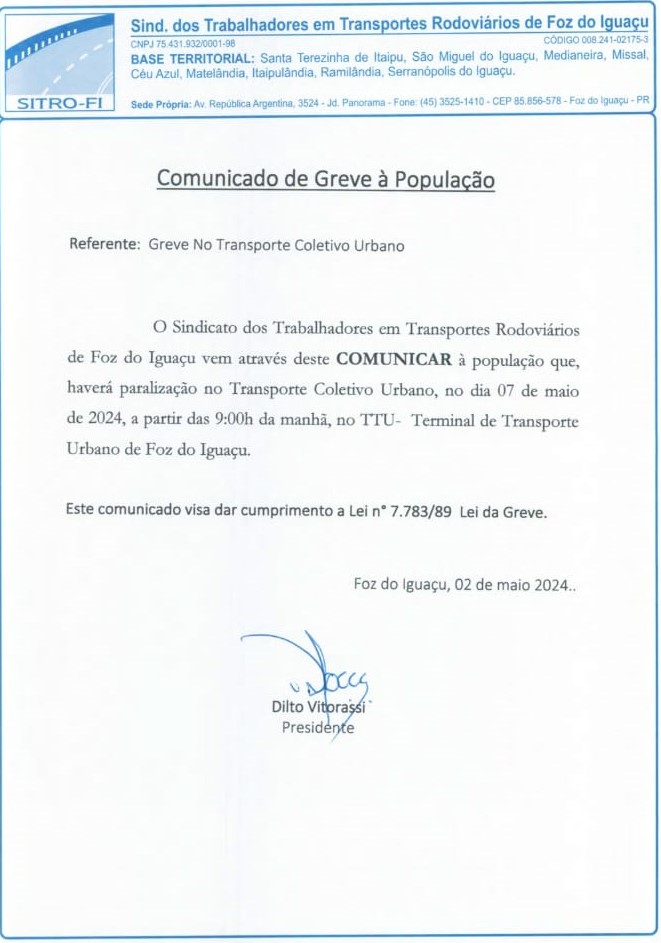 Sindicato dos Trabalhadores em Transportes Rodoviários de Foz do Iguaçu Anuncia Paralisação