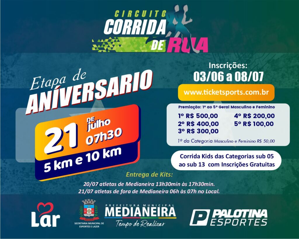 Estão abertas as inscrições para a Etapa de Aniversário do Circuito de Corridas de Rua de Medianeira.

 Acontece no dia 21 de Julho (domingo) a Etapa