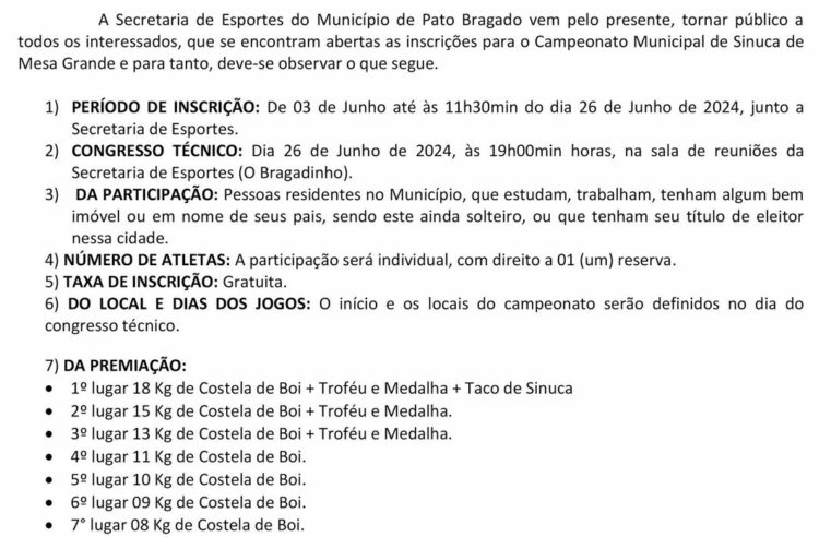 🎱🏆 Inscrições Abertas: Campeonato Municipal de Sinuca de Pato Bragado 2024!