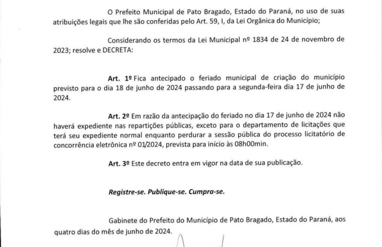 Pato Bragado antecipa feriado municipal em decreto surpreendente 🎉🗓️