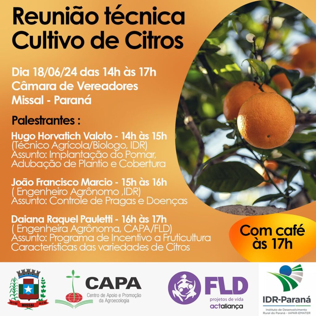 Reunião Técnica para o Cultivo de Citros ocorre em Missal

No dia 18 de junho uma parceria entre Administração Municipal, CAPA/FLD (Centro de Apoio e