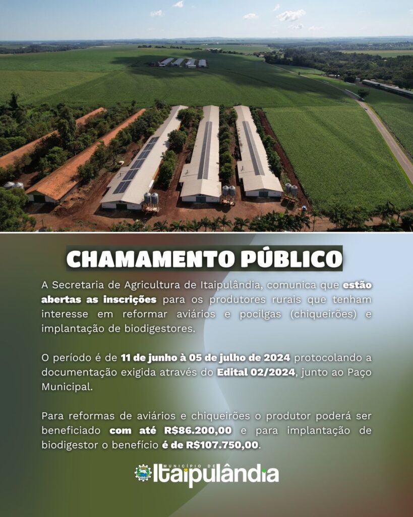 #COMUNICADO Itaipulândia abre inscrições para reformas de aviários, chiqueirões e biodigestores

A Secretaria de Agricultura de Itaipulândia anunciou