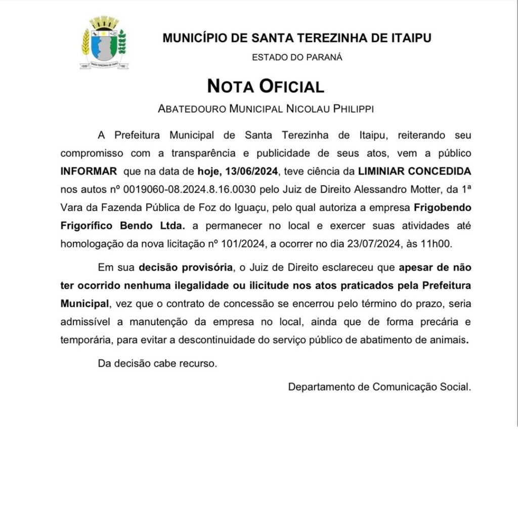 NOTA OFICIAL - ABATEDOURO MUNICIPAL NICOLAU PHILIPPI

A Prefeitura Municipal de Santa Terezinha de Itaipu, reiterando seu compromisso com a transparên