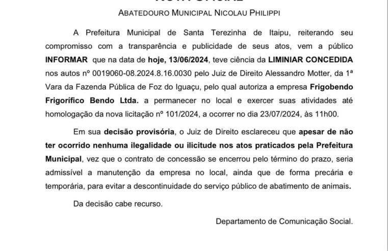 Prefeitura de Santa Terezinha de Itaipu Informa Decisão Judicial Sobre Frigorífico 🏢📄