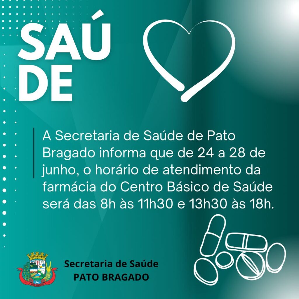 Na próxima semana, os horários de atendimento da farmácia do Centro Básico de Saúde serão diferenciados. Acompanhe