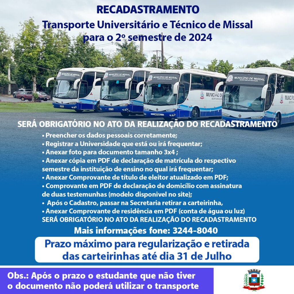 Estudantes Universitários de Missal devem realizar recadastramento para o transporte

A Administração Municipal de Missal, por intermédio do Setor de