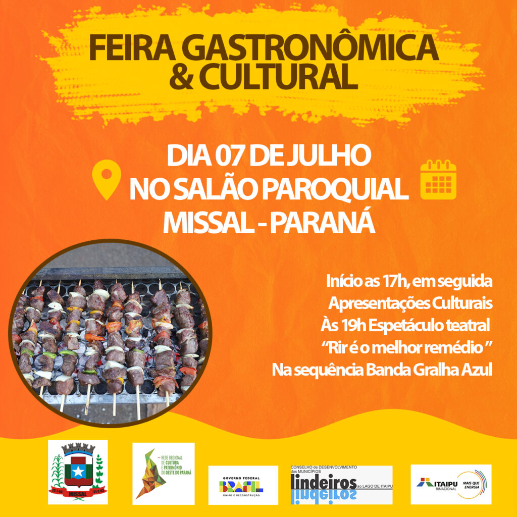 FEIRA GASTRONÔMICA E CULTURAL

No próximo domingo, dia 07 de julho, ocorre mais uma edição da Feira Gastronômica e Cultural de Missal. O evento será n