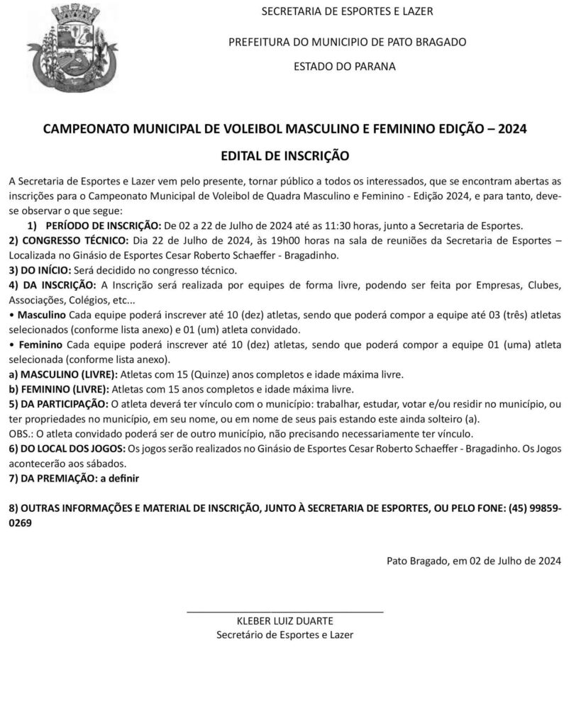 A Secretaria de Esportes e Lazer está promovendo as inscrições para três campeonatos:

Campeonato Municipal de Voleibol Masculino e Feminino

3º Campe