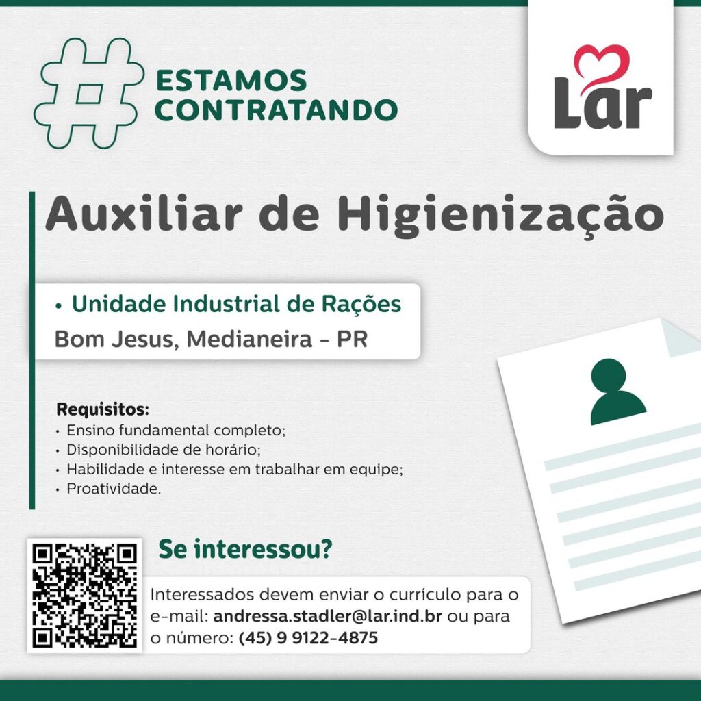Vaga para Bom Jesus, Medianeira (PR)

Oportunidade para Auxiliar de Higienização, na Unidade Industrial de Rações. 

Se interessou? 

Interessados dev