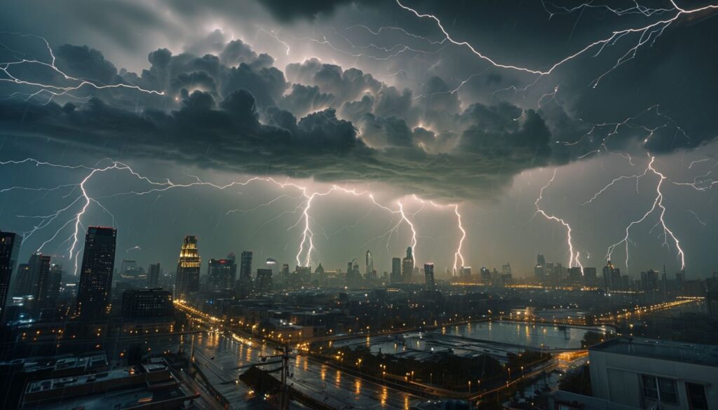 Multiple Lightning Bolts Illuminate Cityscape with Rain Slicked Reflections