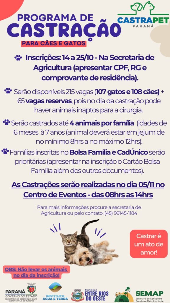 CastraPet em Entre Rios do Oeste

Com a finalidade de controlar a população de cães e gatos, além de prevenir zoonoses a Secretaria de Estado do Desen