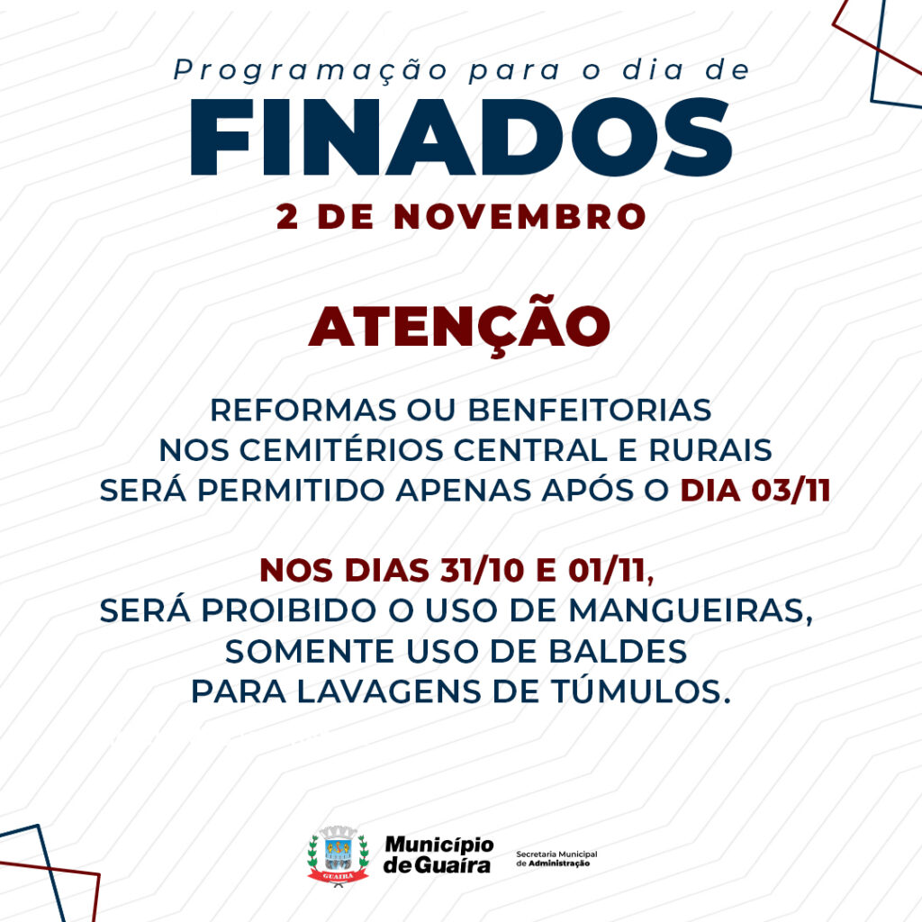 O Município de Guaíra, por meio da Secretaria de Administração (SEADM) – Administração das Capelas e Cemitérios Central e Rurais, informou que as refo