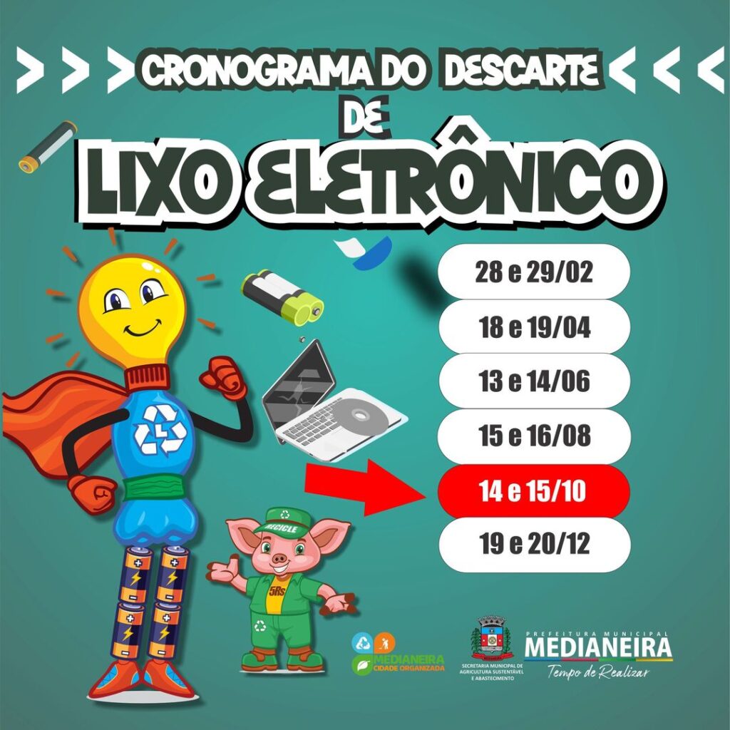 Segunda-feira tem Descarte de Eletrônicos 
  Nos dias 14 e 15 de outubro Medianeira terá Dia do Descarte de Eletroeletrônicos.
  A realização é da Se