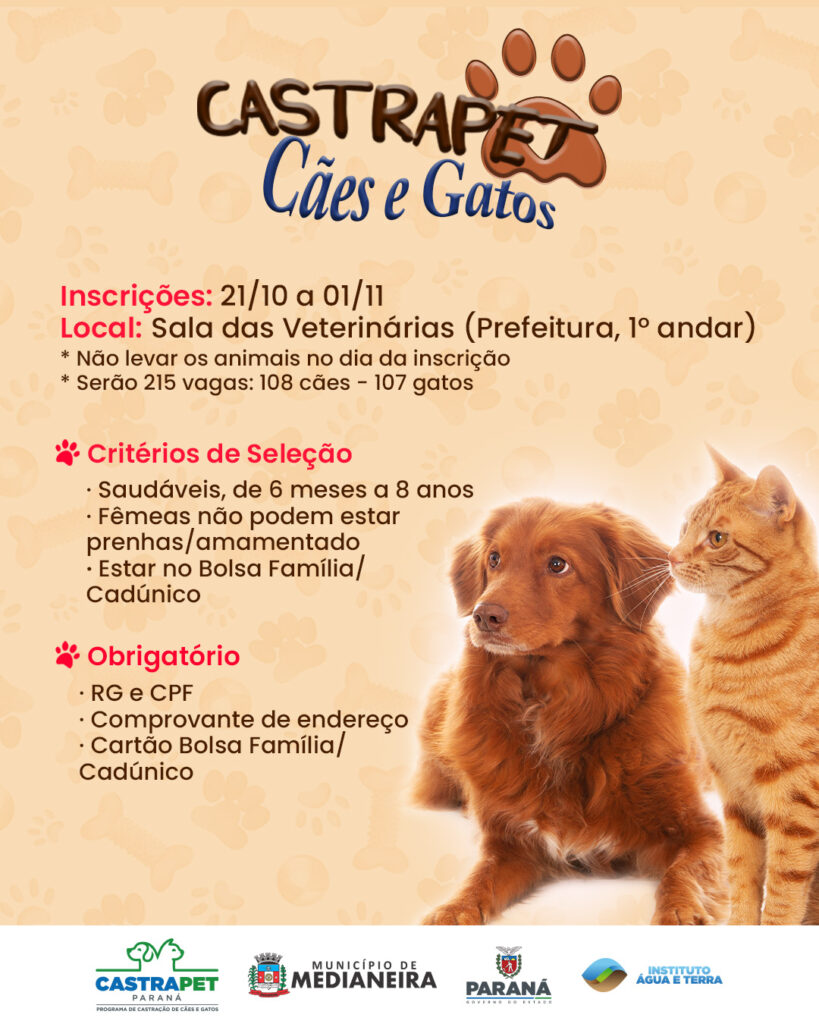 Inscrições para o programa CastraPet serão realizadas de 21/10 a 01/11

 Medianeira recebe no mês de novembro o CastraPet Paraná – Programa Permanent