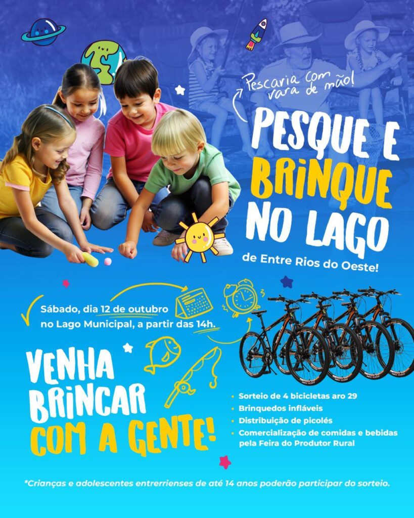 O Dia das crianças está chegando e Entre Rios do Oeste tem uma programação especial para nossos pequenos!!! 

- Pescaria com vara de mão;
- Sorteio de