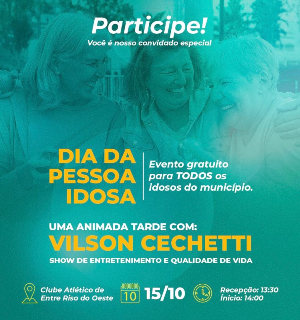 COMEMORAÇÃO AO DIA DA PESSOA IDOSA ACONTECE AMANHÃ (15), EM ENTRE RIOS DO OESTE

O Dia da Pessoa Idosa será comemorado amanhã, a partir das 13h30, no