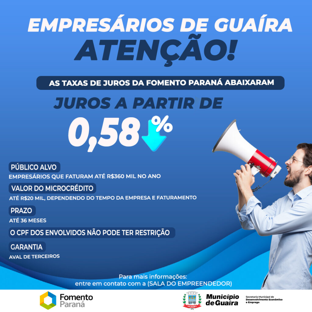 O Município de Guaíra, por meio da SEDE - Secretaria Municipal de Desenvolvimento Econômico e Emprego, juntamente com a Sala do Empreendedor e o Banco