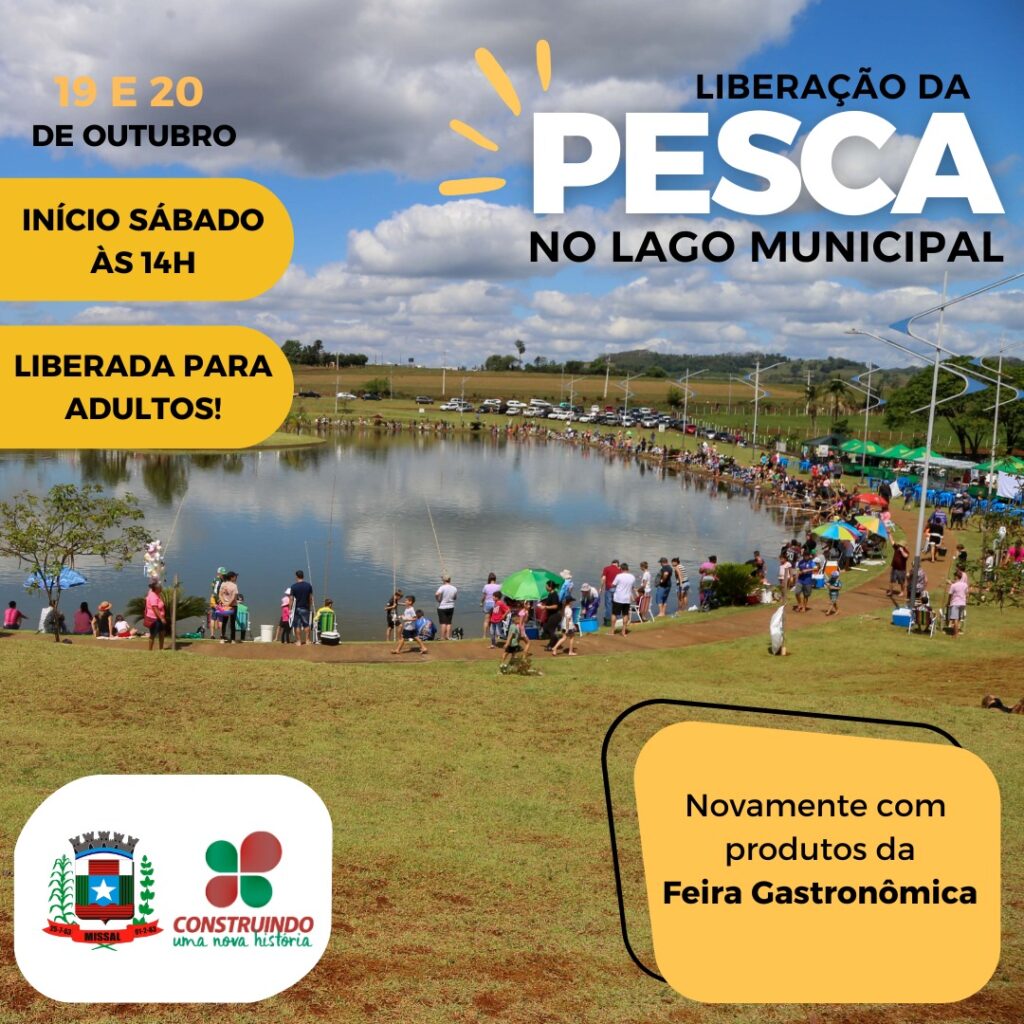PESCA NO LAGO LIBERADA NOS DIAS 19 E 20 DE OUTUBRO

A Administração Municipal de Missal autorizou a pesca no Lago Municipal nos dias 19 e 20 de outubr