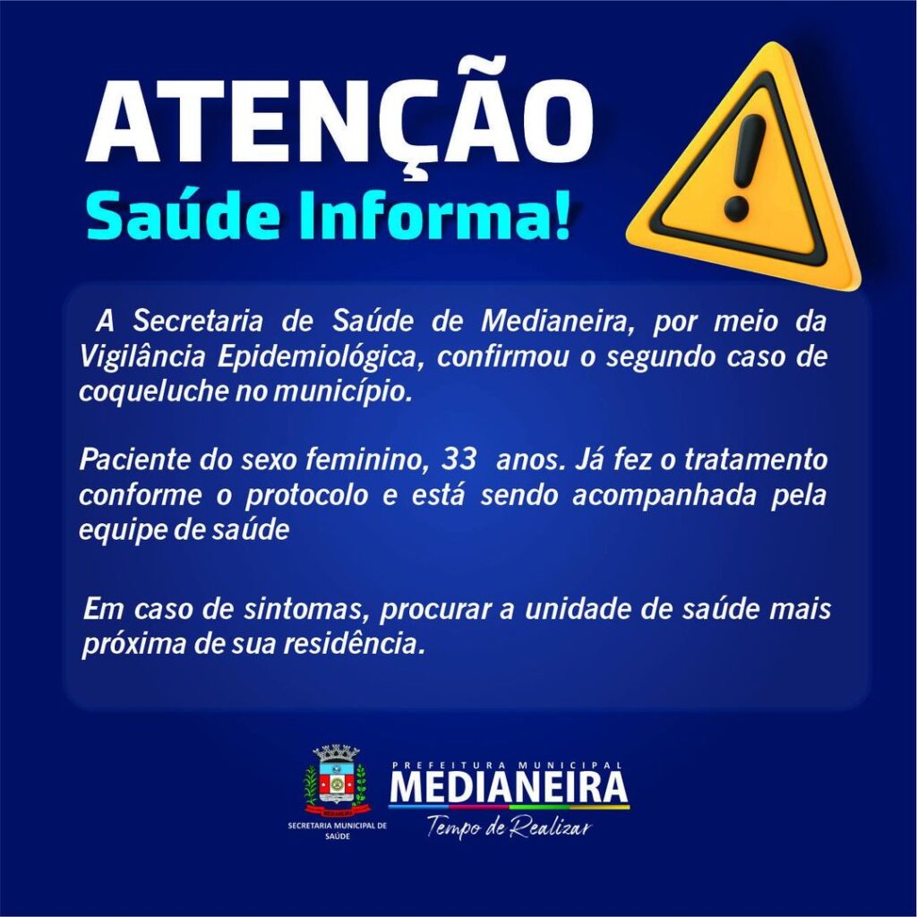 Medianeira confirma mais um caso de coqueluche no município, completando 02 casos confirmados até o momento. Paciente desse segundo caso é do sexo fe