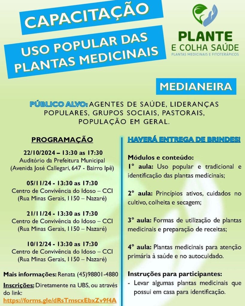 Além de capacitar os profissionais de saúde, também está com inscrições aberta um curso sobre Plantas Medicinais para quem quer aprender mais sobre o
