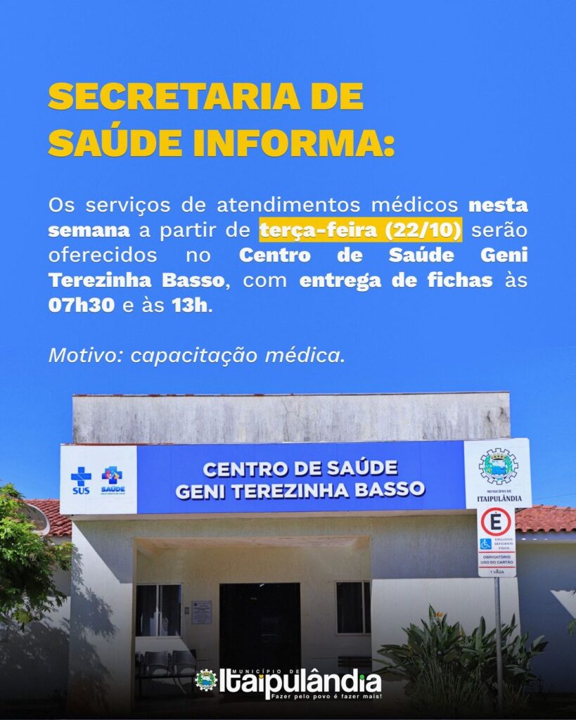 #ATENÇÃO  Atendimentos médicos no Geni Basso nesta semana a partir de terça-feira
 A Secretaria Municipal de Saúde informa que os serviços de atendime