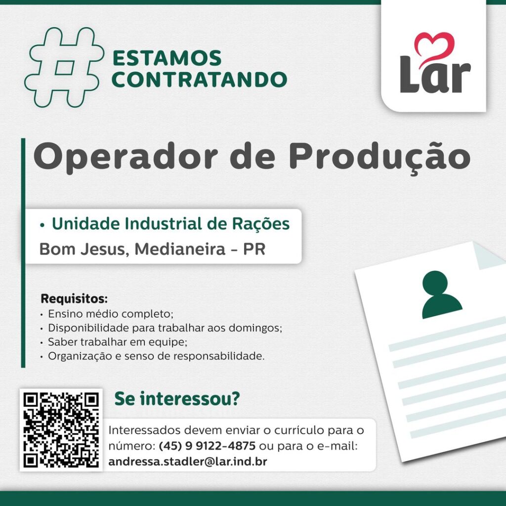 Vaga para Bom Jesus, Medianeira (PR)

Oportunidade para Operador de Produção, na Unidade Industrial de Rações. 

Se interessou? 

Interessados devem e