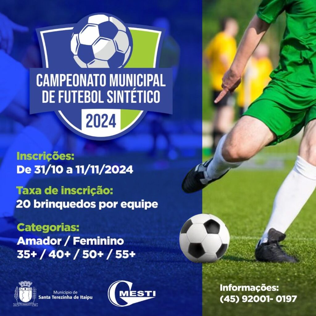 Campeonato Municipal de Futebol Sintético 

As inscrições estão abertas de 31 de outubro a 11 de novembro! Para participar, cada equipe deve trazer 2