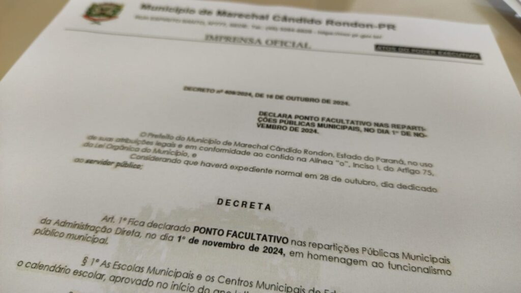 Sexta-feira será ponto facultativo nas repartições públicas municipais rondonenses 

A farmácia básica atenderá das 7h30 às 11h30

Em decreto publicad