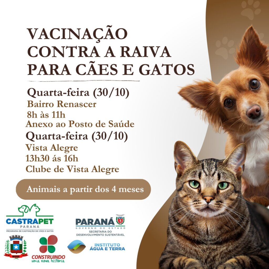 VACINAÇÃO ANTIRRÁBICA NO BAIRRO RENASCER E VISTA ALEGRE

Na quarta-feira, dia 30 de outubro, a campanha de vacinação contra raiva para cães e gatos se