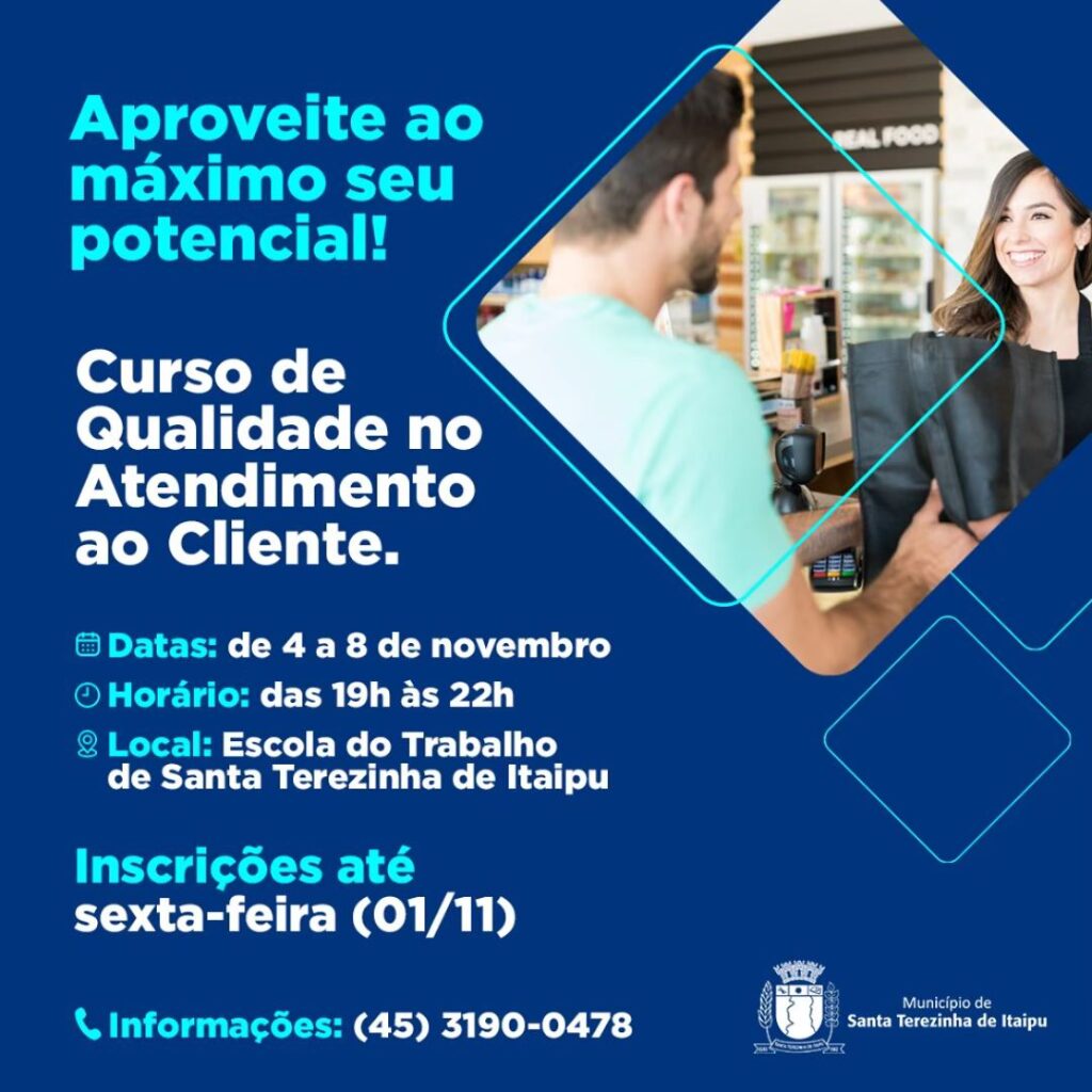 Aproveite ao máximo seu potencial! 

Inscreva-se no curso de Qualidade no Atendimento ao Cliente, que acontece de 4 a 8 de novembro, das 19h às 22h, n