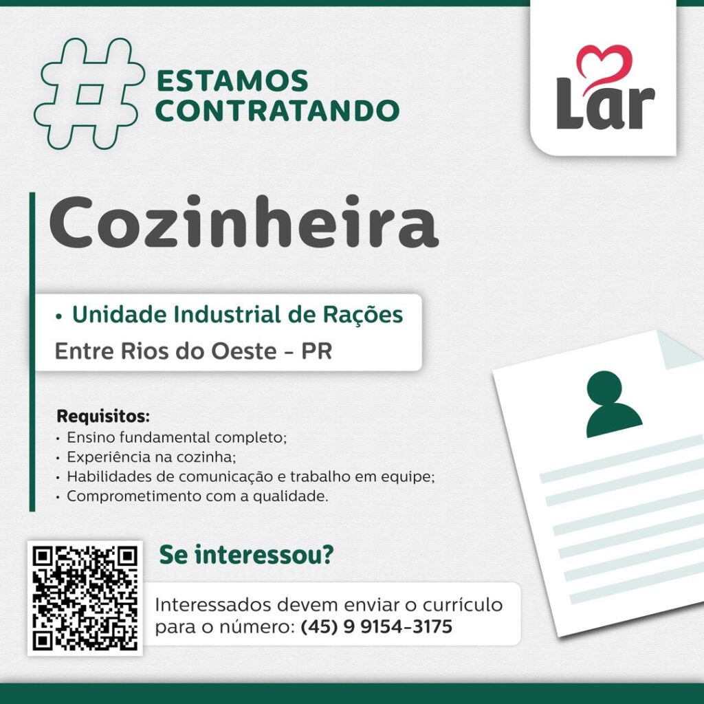 Vaga para Entre Rios do Oeste (PR)

Oportunidade para Cozinheira, na Unidade Industrial de Rações. 

Se interessou? 

Interessados devem enviar o curr