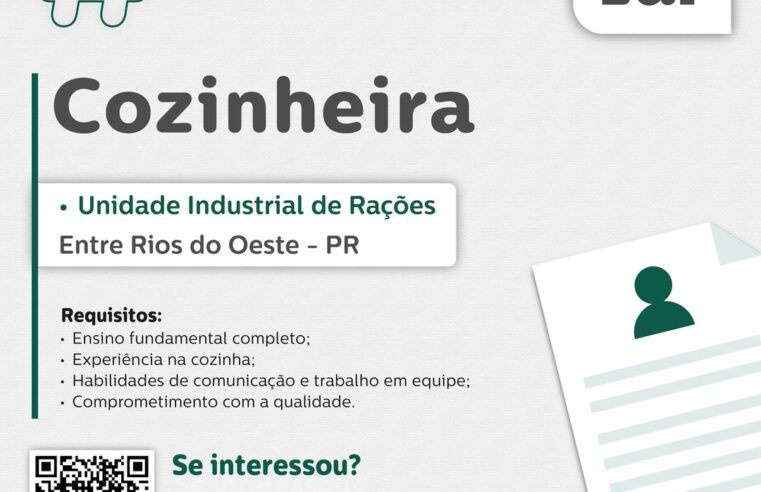 Vaga para Cozinheira em Entre Rios do Oeste!