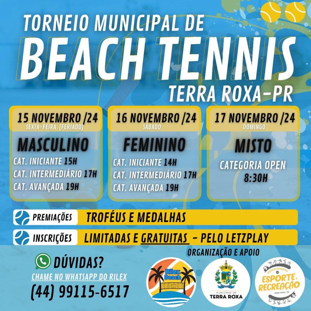 Torneio Municipal de Beach Tennis agita Terra Roxa nos dias 15, 16 e 17 de novembro na Arena Rilex Beach.

Prepare-se para muita emoção e competição e