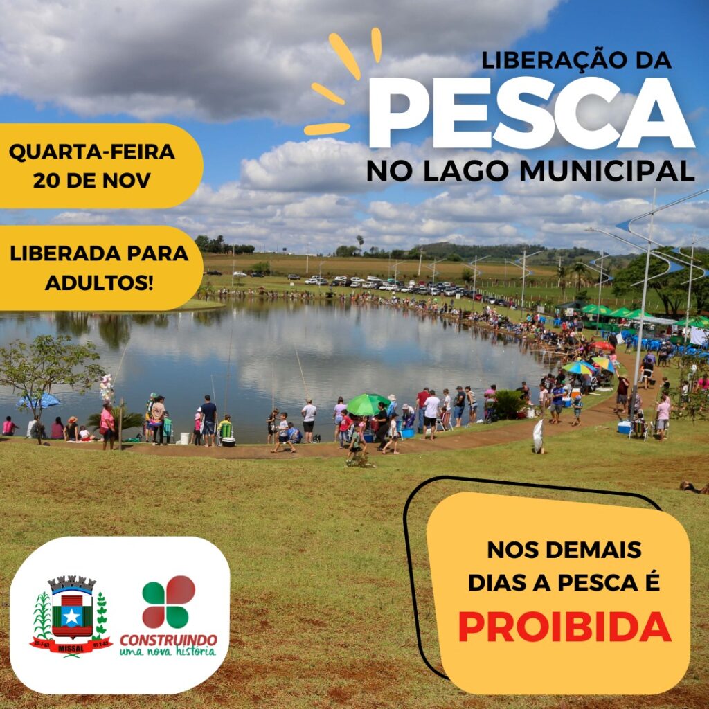 PESCA LIBERADA NO LAGO MUNICIPAL NO FERIADO DE 20 DE NOVEMBRO

A Administração Municipal de Missal vai autorizar a Pesca no Lago Municipal no feriado