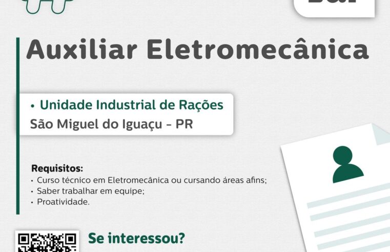 Oportunidade: Auxiliar Eletromecânica em São Miguel do Iguaçu