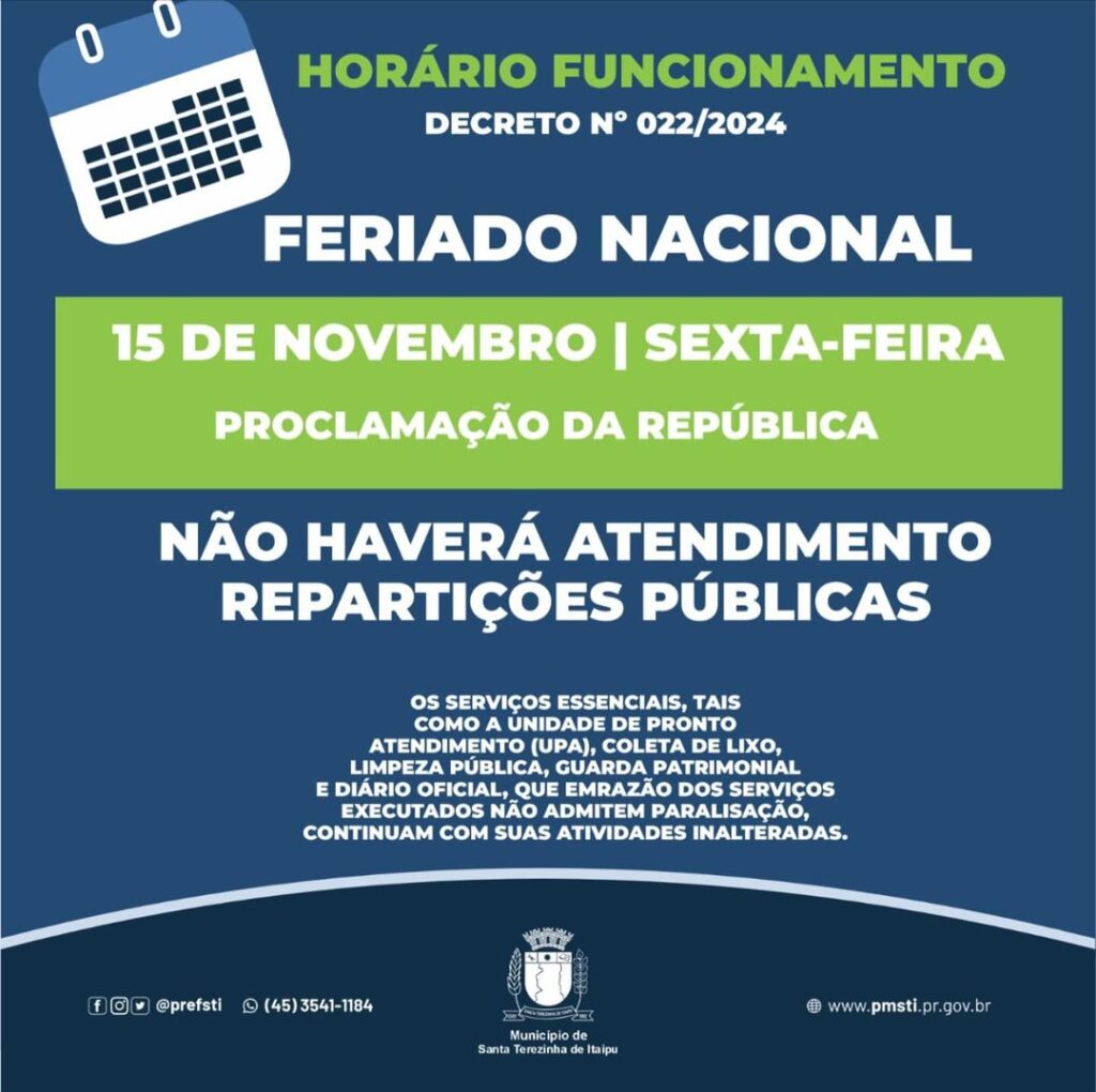 Atenção, itaipuenses! 
Devido ao Feriado Nacional em que é comemorado a Proclamação da República, na sexta-feira, 15, não haverá atendimento nas repar