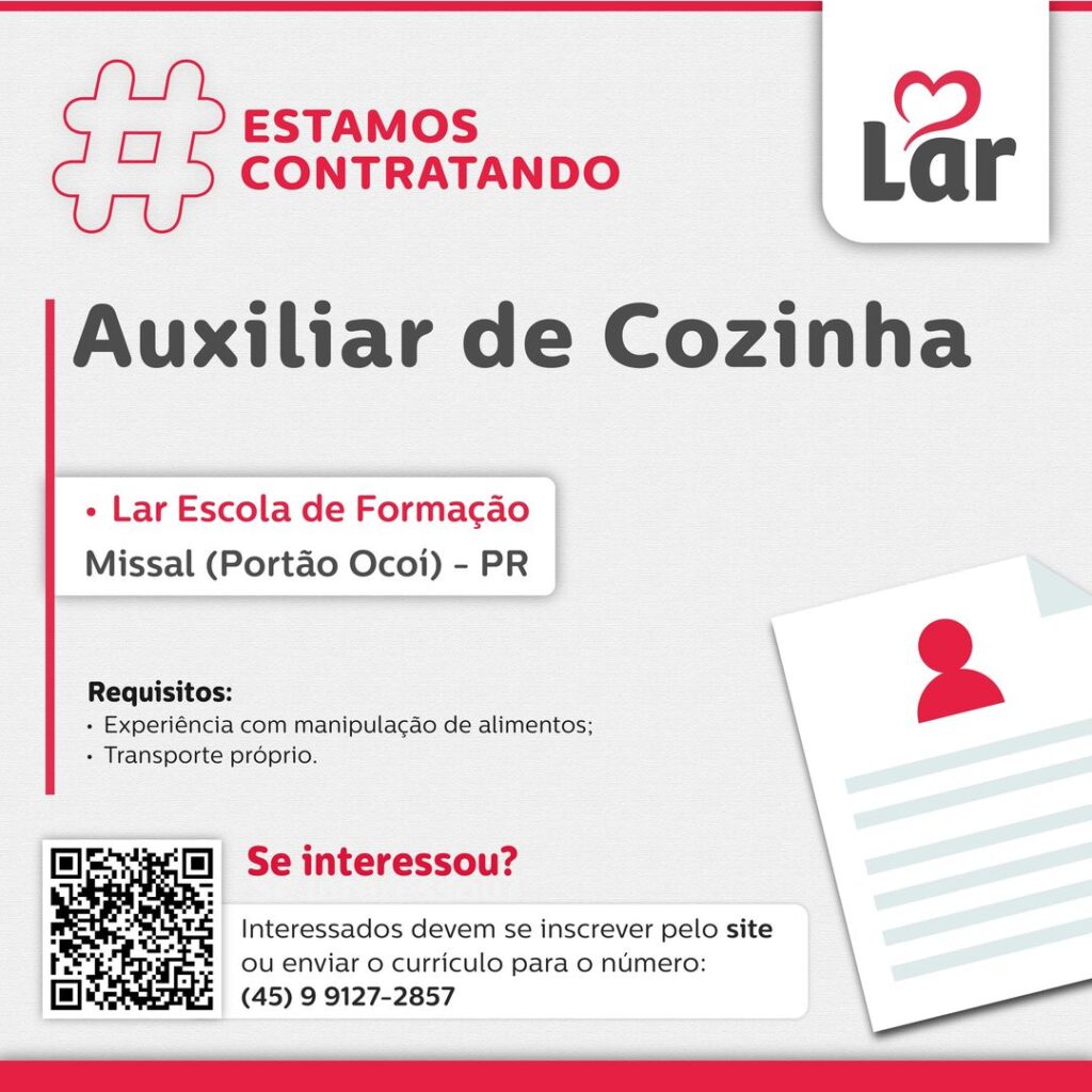 Vaga para Missal (Portão Ocoí) (PR)

Oportunidade para Auxiliar de Cozinha, na Lar Escola de Formação. 

Se interessou? 

Interessados devem se inscre